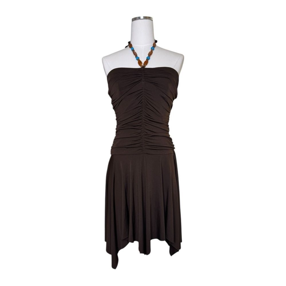 Y2K My Michelle Dark Brown Beaded Halter Ruched Asymmetrical Dress Size Medium